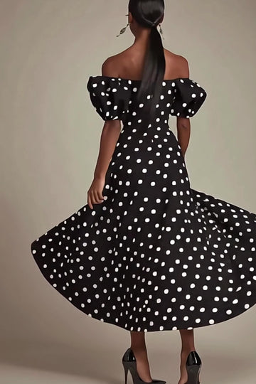 Boho Black and White Satin Puff Sleeves Maxi Polka Dot Dress with Slit